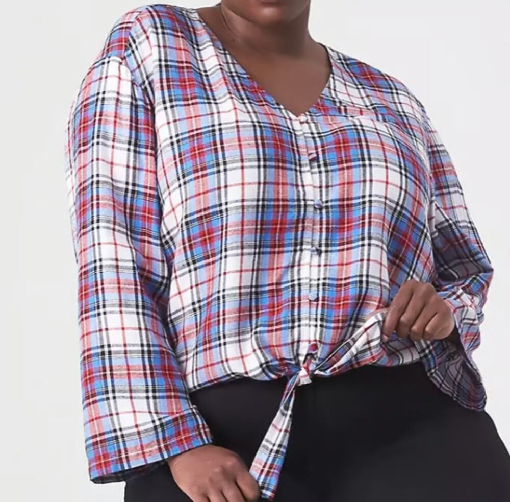 NEW Lane Bryant Plaid Wide Sleeve Tie Front Plaid Lightweight Blouse Sz 14